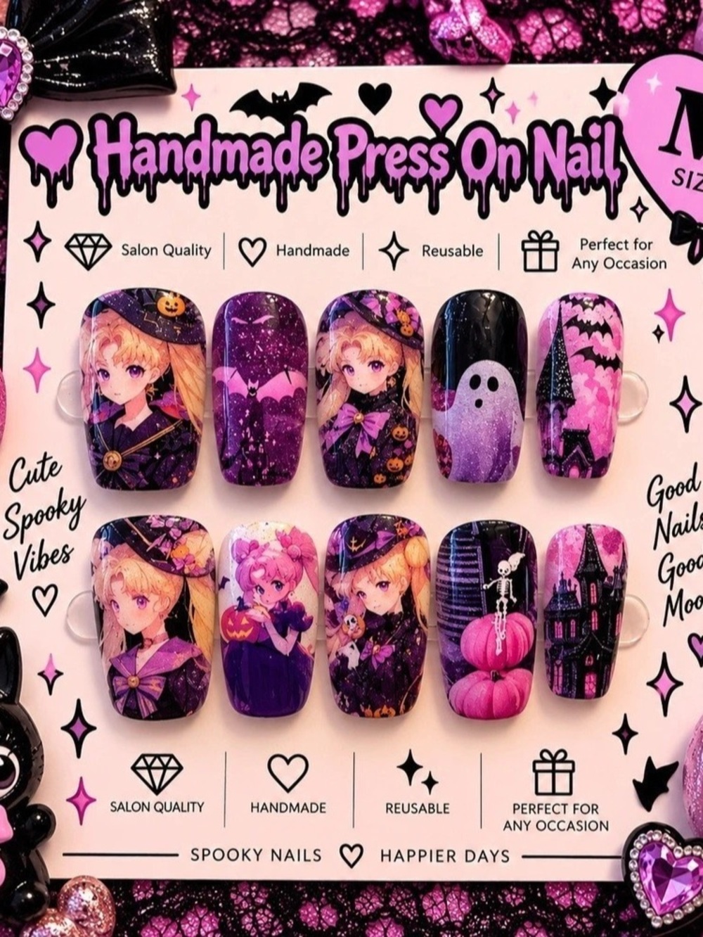 Handmade Halloween Press-On Nails Pink & Black NWT